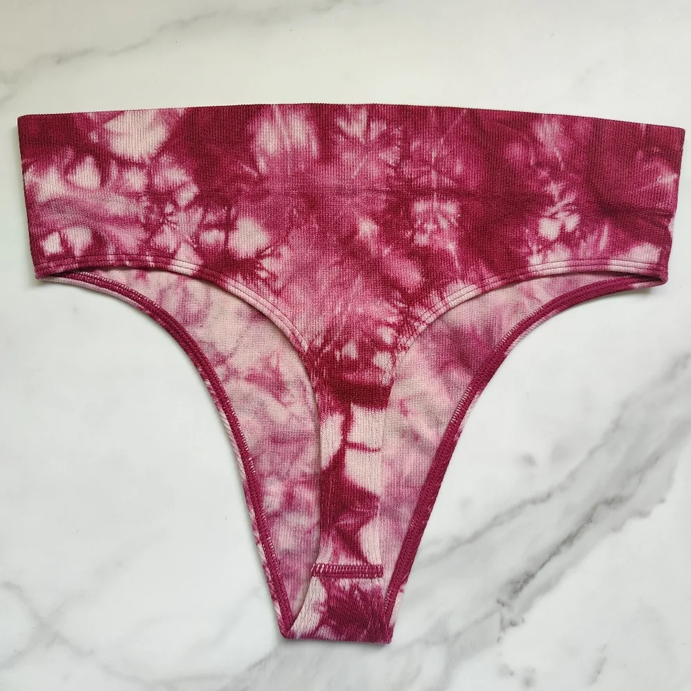 NWT JENNI SEAMLESS RIBBED HI-CUT THONG PANTY IN SIZE EXTRA LARGE SPLASH TIEDYE - Picture 2 of 4